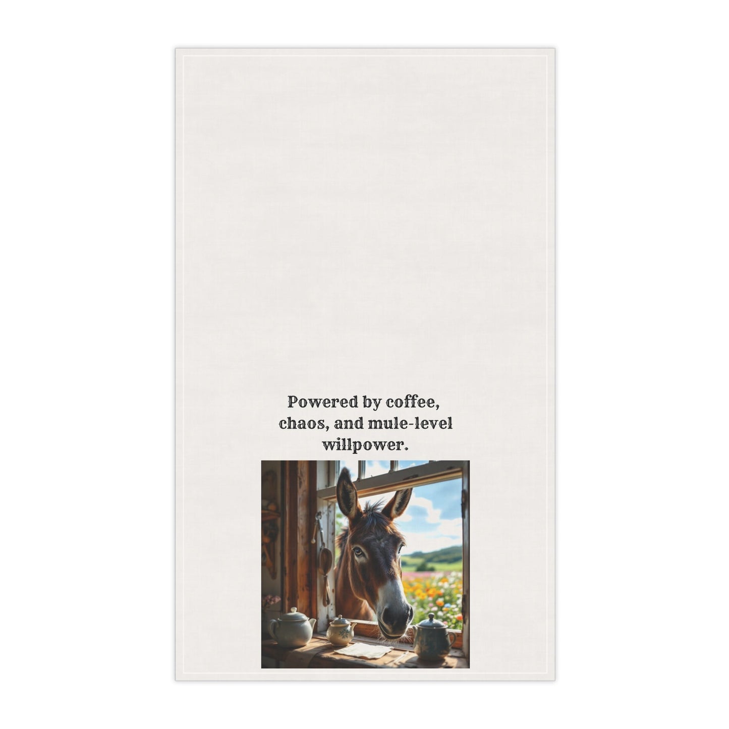 "Powered by coffee, caos and mule-level willpower" Show off your sass in style with this humorous Mule and Coffee loving towel. Gift for Home Chefs, Fun Mule Decor, Farmhouse Style, Kitchen Accessories