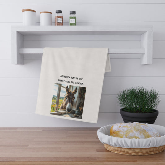 “Stubborn runs in the Family—and the Kitchen” Sassy Mule themed tea towel.