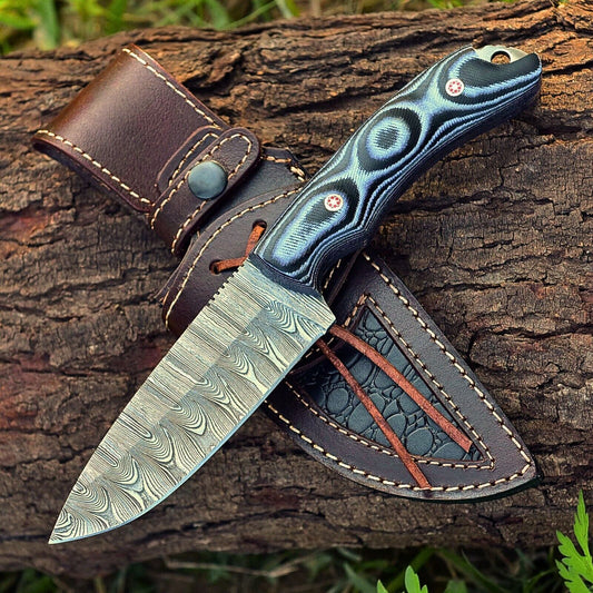 Custom Handmade 10" Damascus Steel Hunting Knife with G10 Handle & Leather Sheath