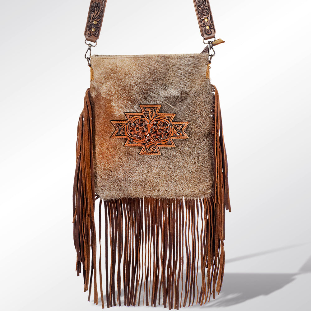 American Darling ADBGS192BRWBR Messenger Hand Tooled Hair On Genuine Leather Women Bag Western Handbag Purse
