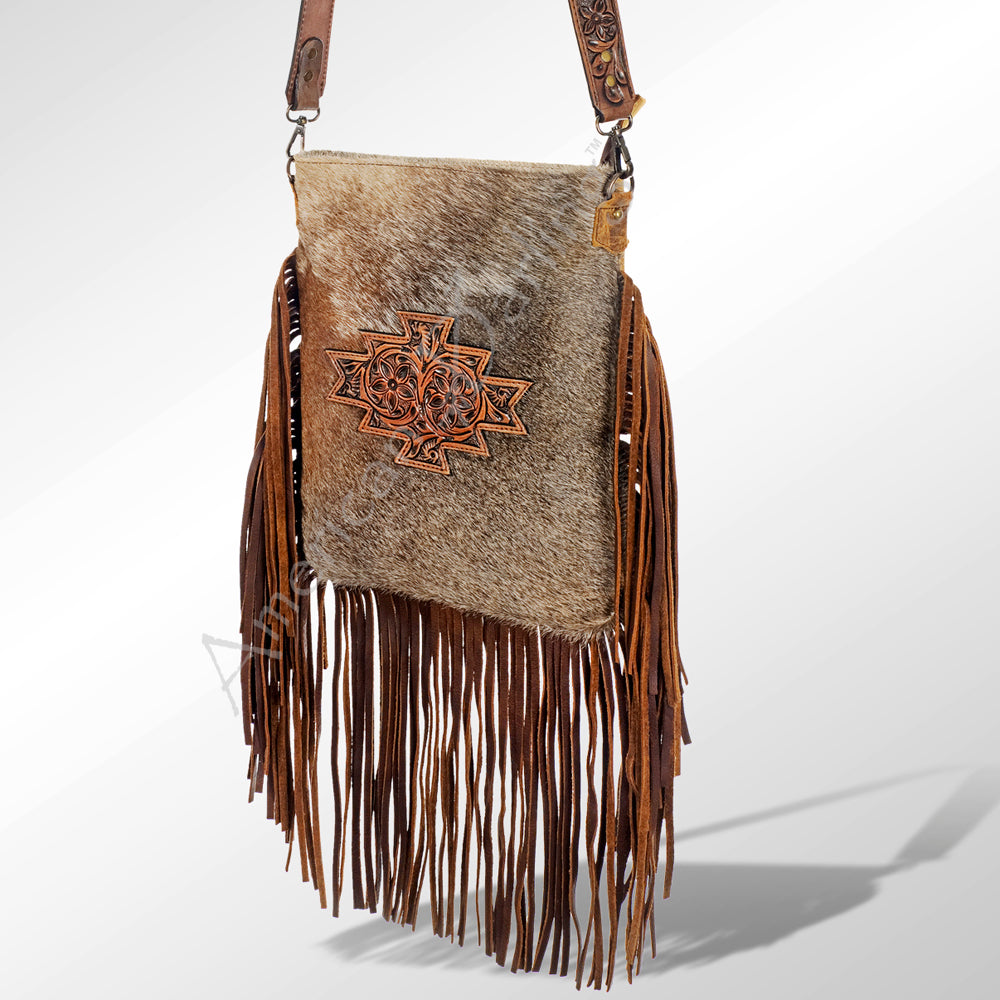 American Darling ADBGS192BRWBR Messenger Hand Tooled Hair On Genuine Leather Women Bag Western Handbag Purse