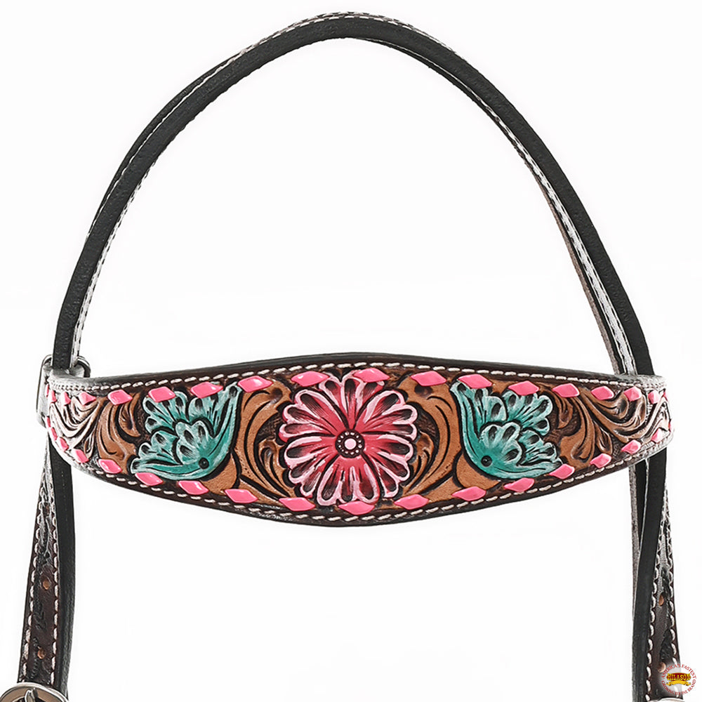 HILASON Western Horse Headstall Breast Collar & Spur Strap Tack Set American Leather Floral Carving