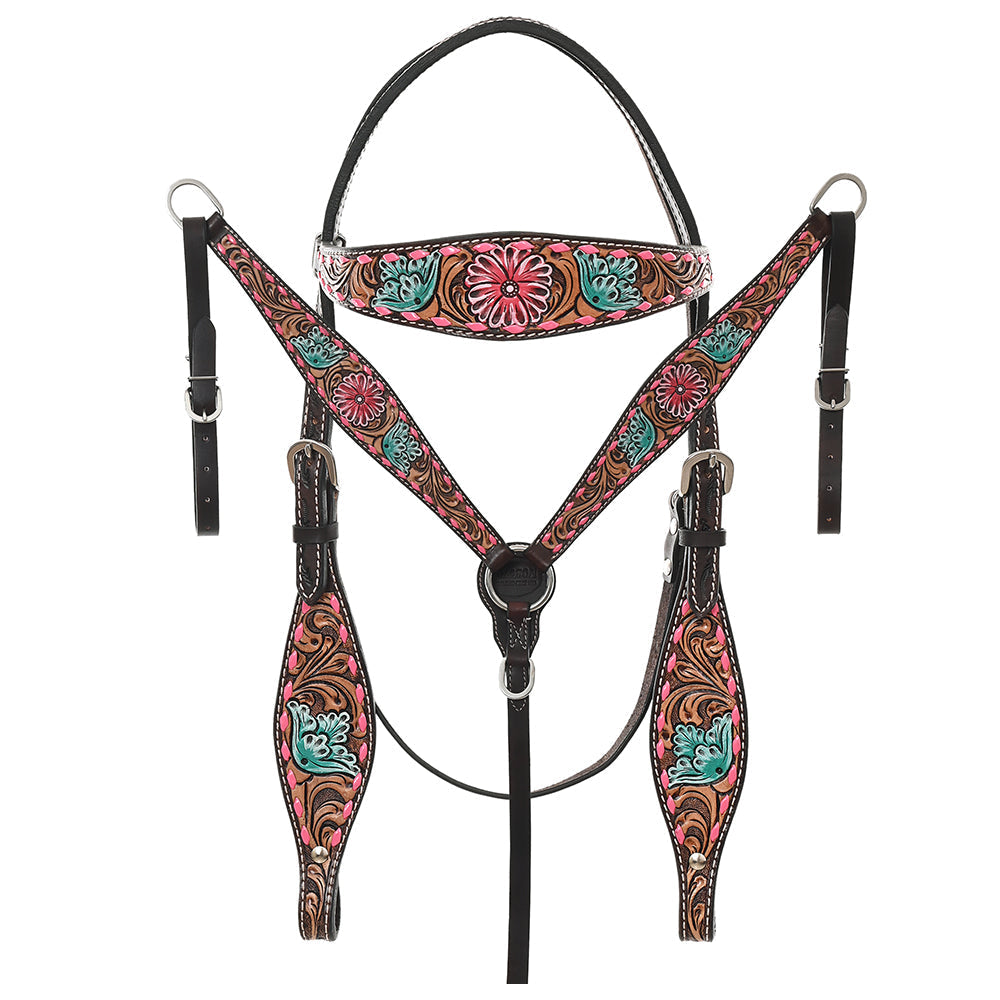 HILASON Western Horse Headstall Breast Collar & Spur Strap Tack Set American Leather Floral Carving