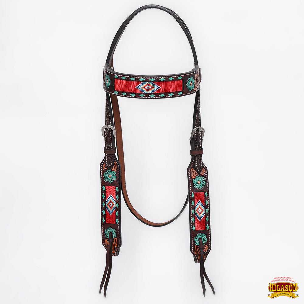 HILASON Floral Painted Beaded American Leather Horse Headstall Breast Collar