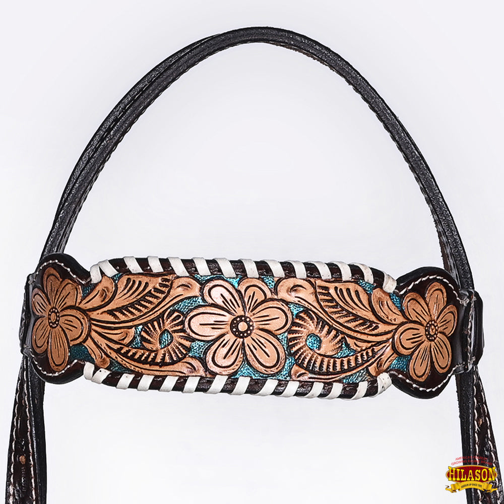 HILASON Floral Painted Beaded American Leather Horse Headstall Breast Collar
