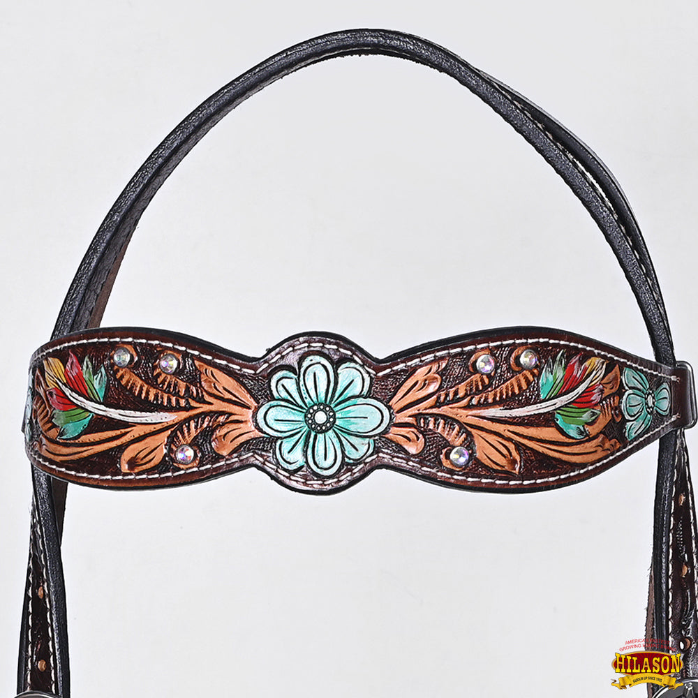 HILASON Floral Painted Beaded American Leather Horse Headstall Breast Collar