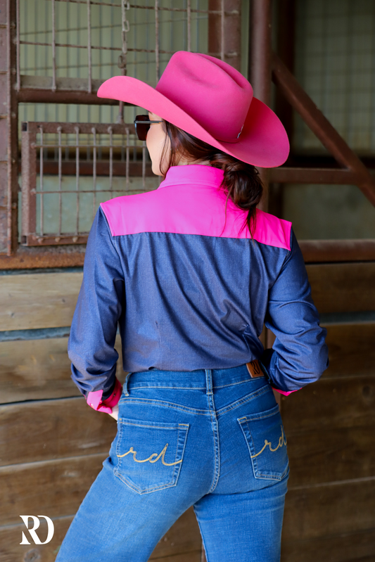 DENIM & HOT PINK PERFORMANCE RODEO SHIRT