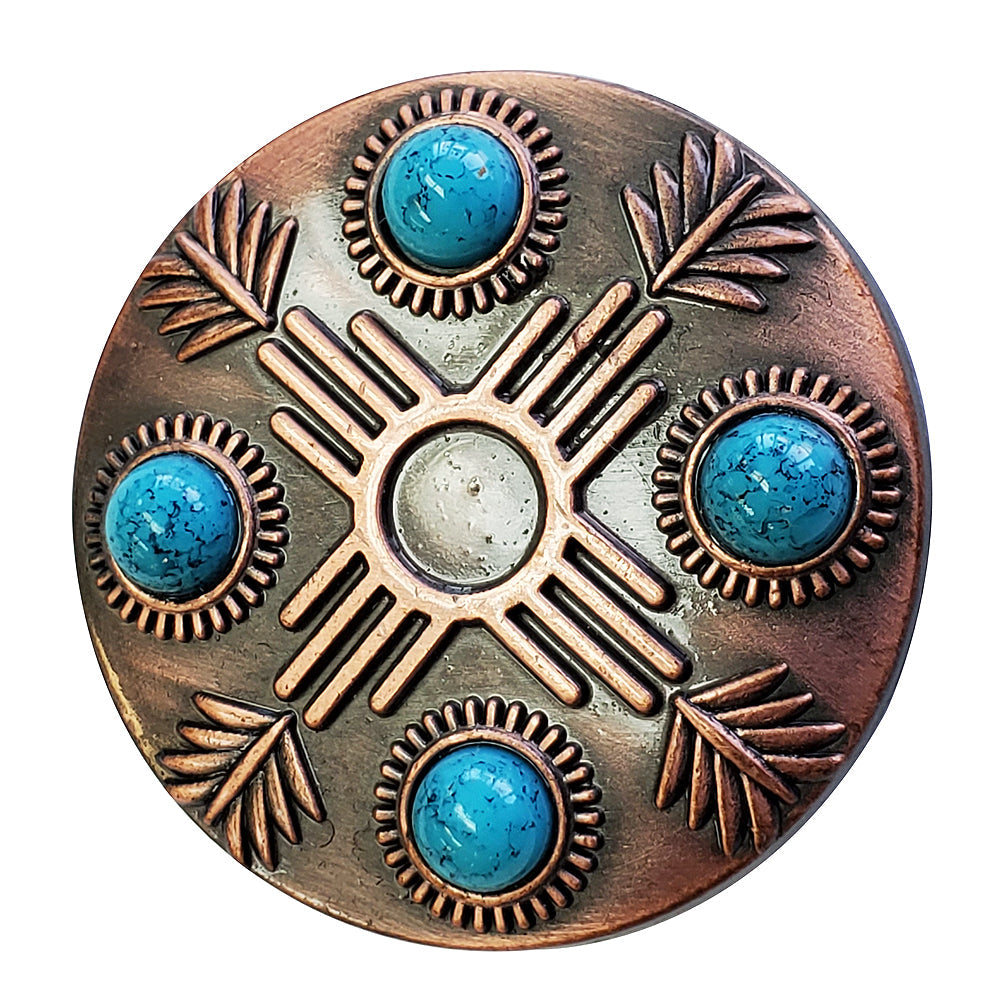 1 1/2" Hilason Western Horse Concho Antique Copper Turquoise Stone Brown