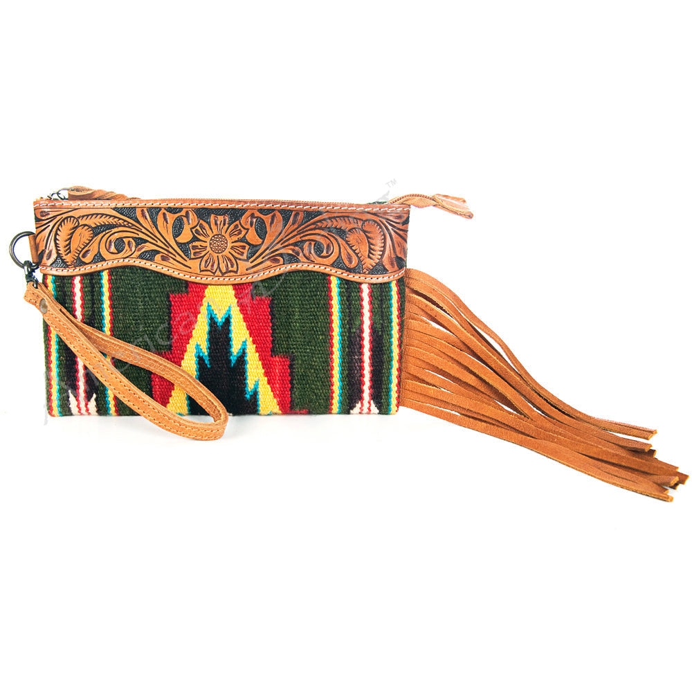 American Darling ADBG344TANG Wristlet Hand Tooled Saddle Blanket Genuine Leather Women Bag Western Handbag Purse