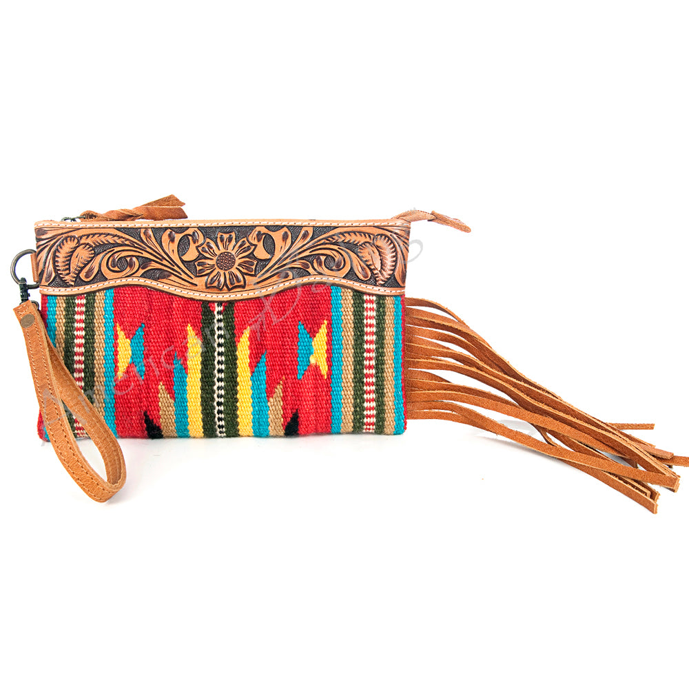 American Darling ADBG344TANDAR3 Wristlet Hand Tooled Saddle Blanket Genuine Leather Women Bag Western Handbag Purse