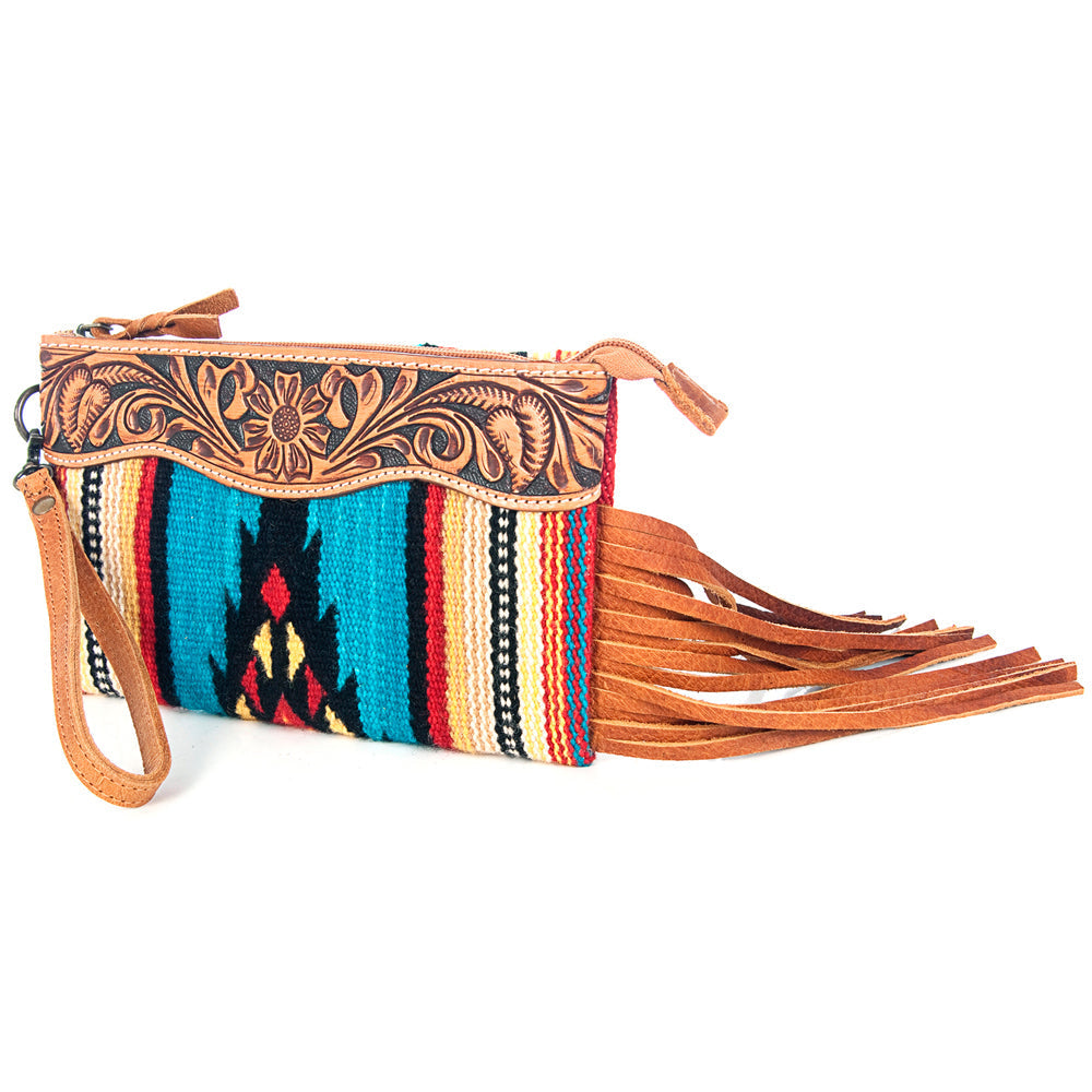 American Darling ADBG344TANDAR7 Wristlet Hand Tooled Saddle Blanket Genuine Leather Women Bag Western Handbag Purse