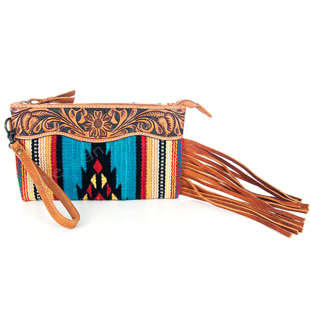 American Darling ADBG344TANDAR7 Wristlet Hand Tooled Saddle Blanket Genuine Leather Women Bag Western Handbag Purse
