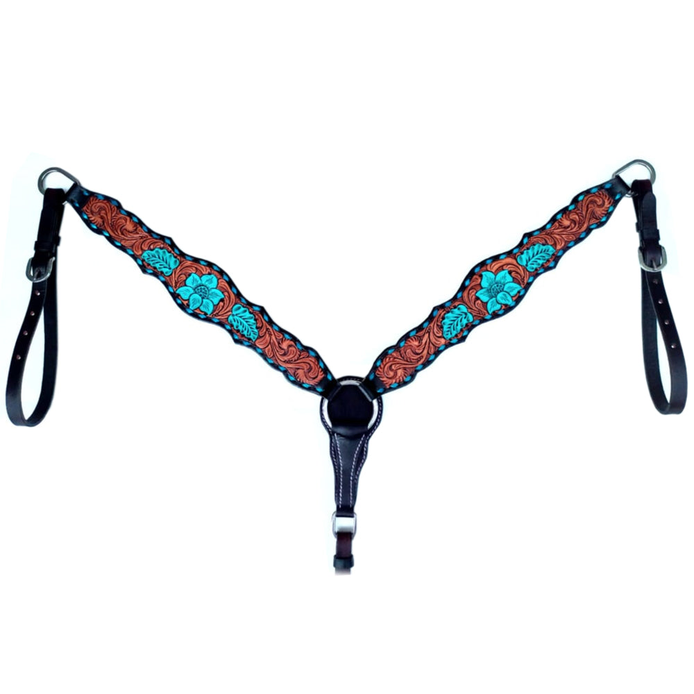 Bar H Equine Horse Leather Turquoise Floral Hand Painted One Ear Headstall Dark Brown