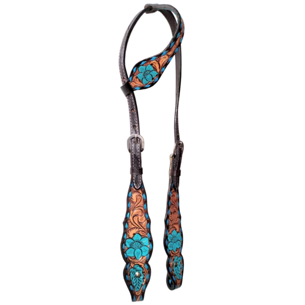 Bar H Equine Horse Leather Turquoise Floral Hand Painted One Ear Headstall Dark Brown