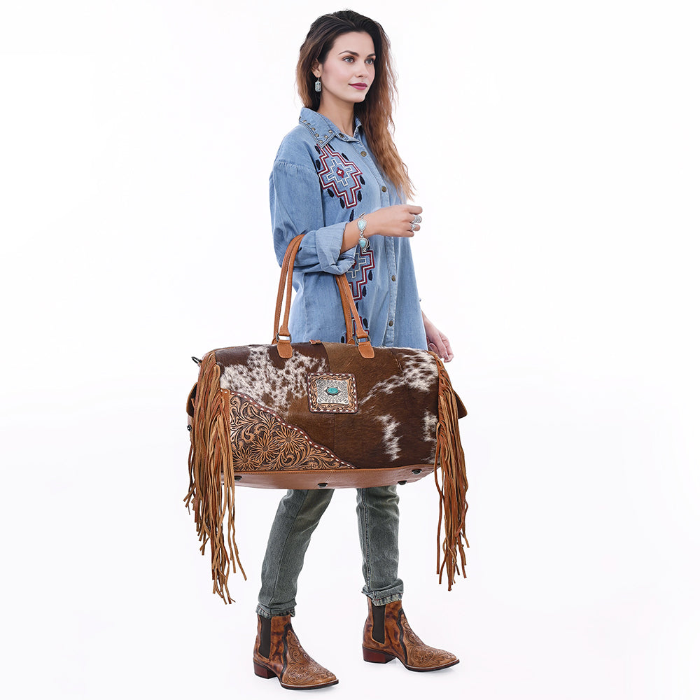 American Darling Duffel Hand Tooled Hair on Genuine Leather Western Women Bag | Handbag | Leather Duffle Bag | Weekend Bag | Travel Duffel Bags | Duffel Bag for Women | Leather Duffle Bag