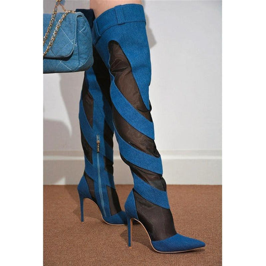 Patchwork Thigh High Knee Boots - Brazen Blue & Jet Black | Ultra High Heels