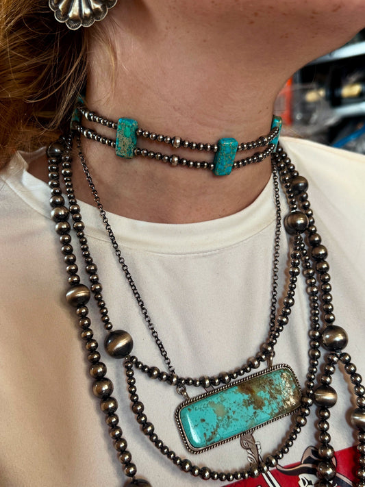 Double Strand Necklace – 13” Beaded – Sterling Silver Pearls & Rectangle Variscite Turquoise