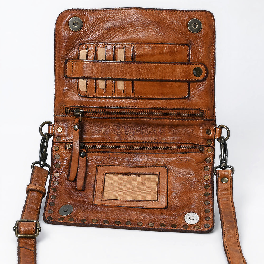 Spaghetti Western Swc193Tan Organiser Vintage Handmade Drum Dyed Genuine European Cowhide Leather Women Bag Western Handbag Purse