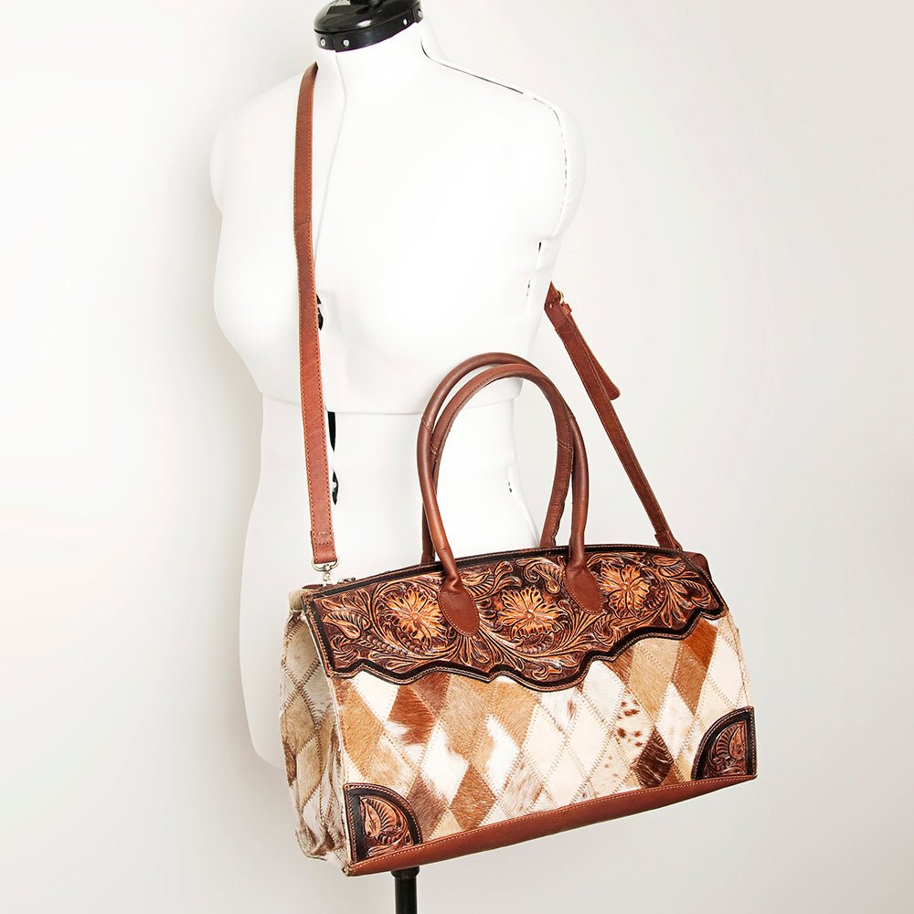 American Darling Duffel Hand Tooled Hair On Genuine Leather Women Bag Western Handbag Purse