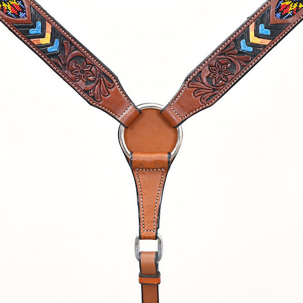 BAR H EQUINE Genuine Horse Western Leather Breast Collar Beaded Inlay Brown