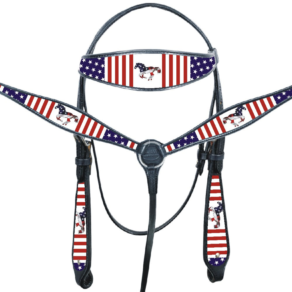 Western Horse Headstall Breast Collar American Leather Hilason US Flag