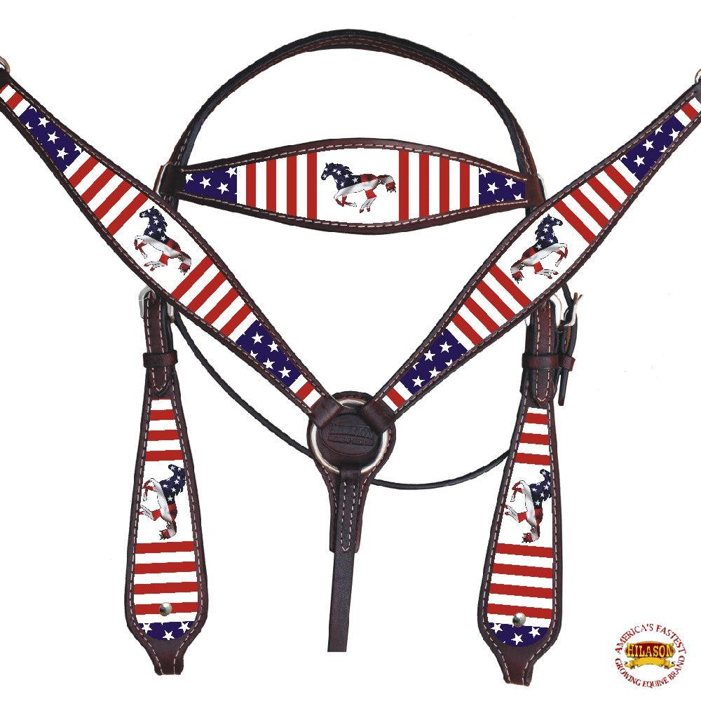 Western Horse Headstall Breast Collar American Leather Hilason US Flag