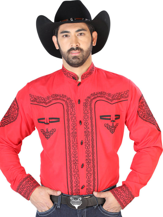 El Señor de los Cielos Charro Embroidery Shirt in Red/Black