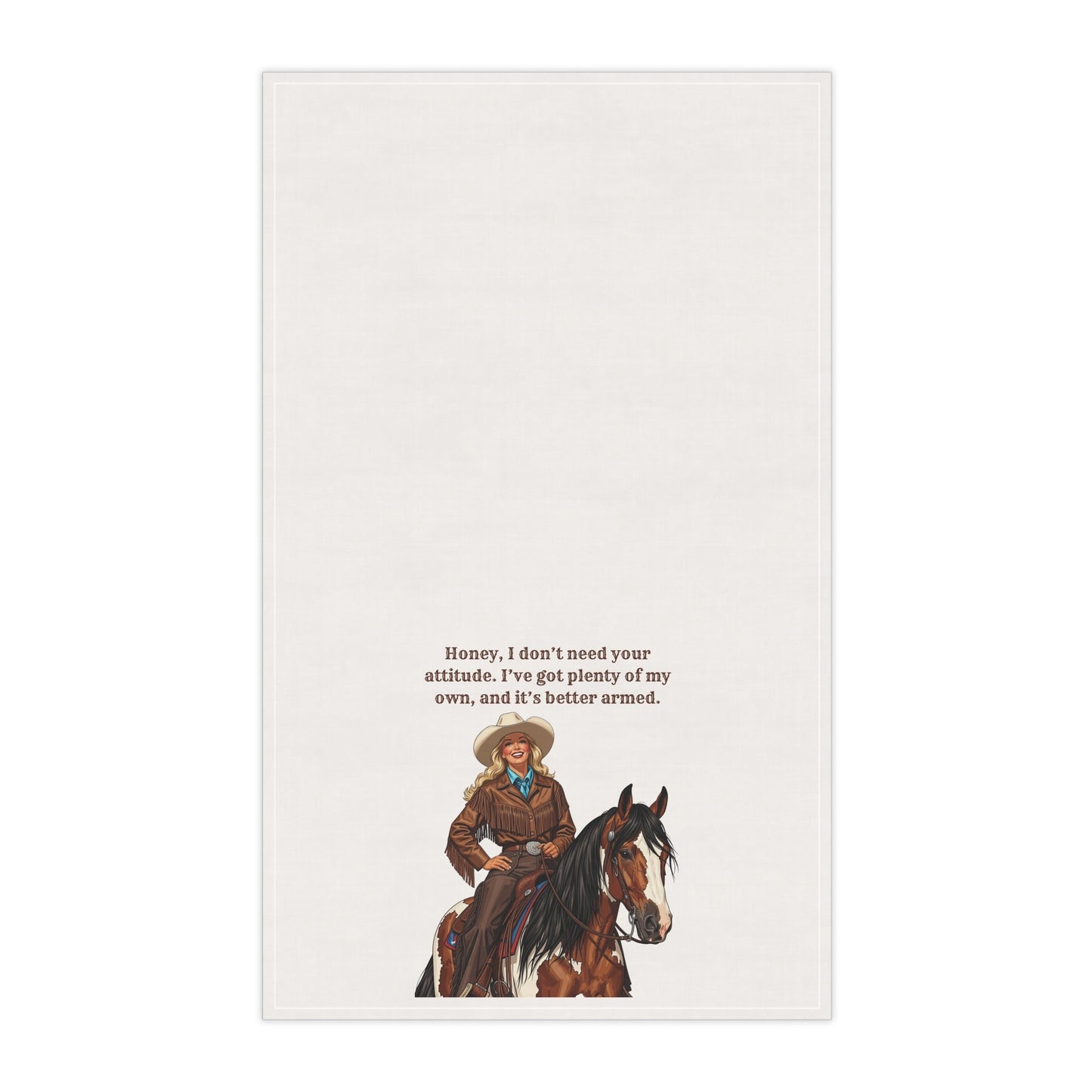 Cowgirl Humor Tea/Bar Towels | "Honey, I don't need your attitude. I've got plenty of my own, and it's better armed." Rustic Kitchen Decor, Gift for Horse Lovers, Unique Cotton Towels, Funny Country Kitchen Decor, Western [...]