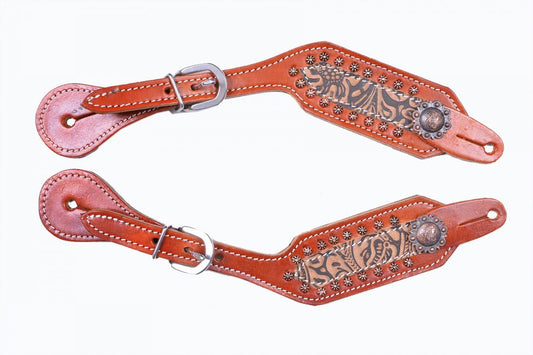 Ladies leather spur straps with Brown and Black Filigree print