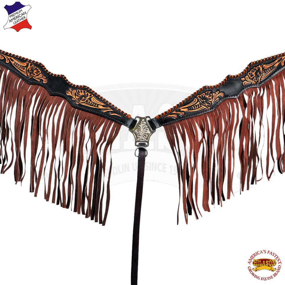HILASON Western Horse Floral Fringes Headstall Breast Collar Set Genuine Leather Black