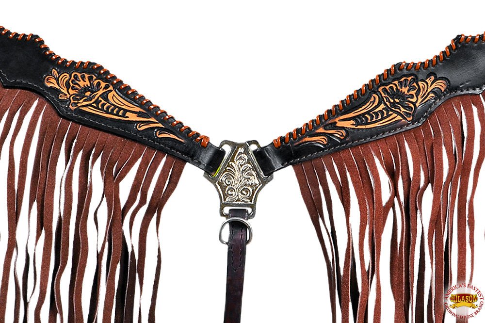 HILASON Western Horse Floral Fringes Headstall Breast Collar Set Genuine Leather Black