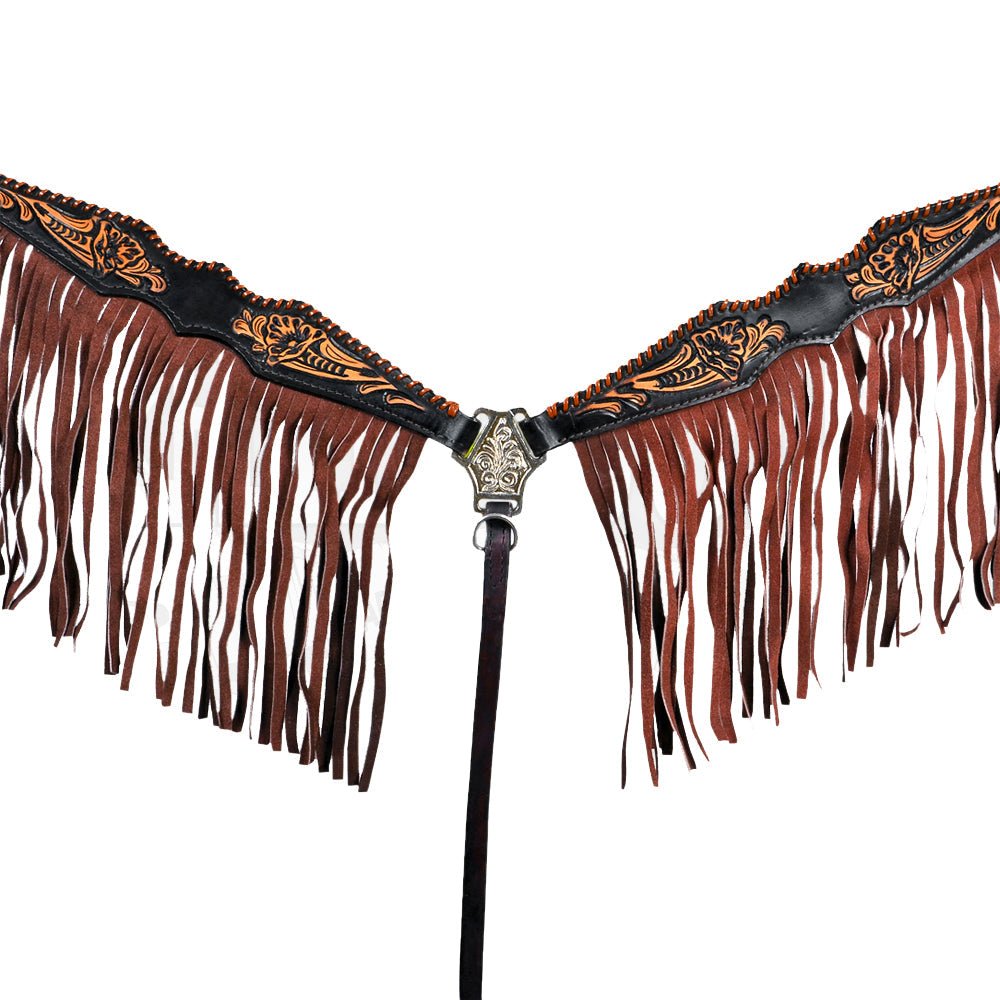 HILASON Western Horse Floral Fringes Headstall Breast Collar Set Genuine Leather Black