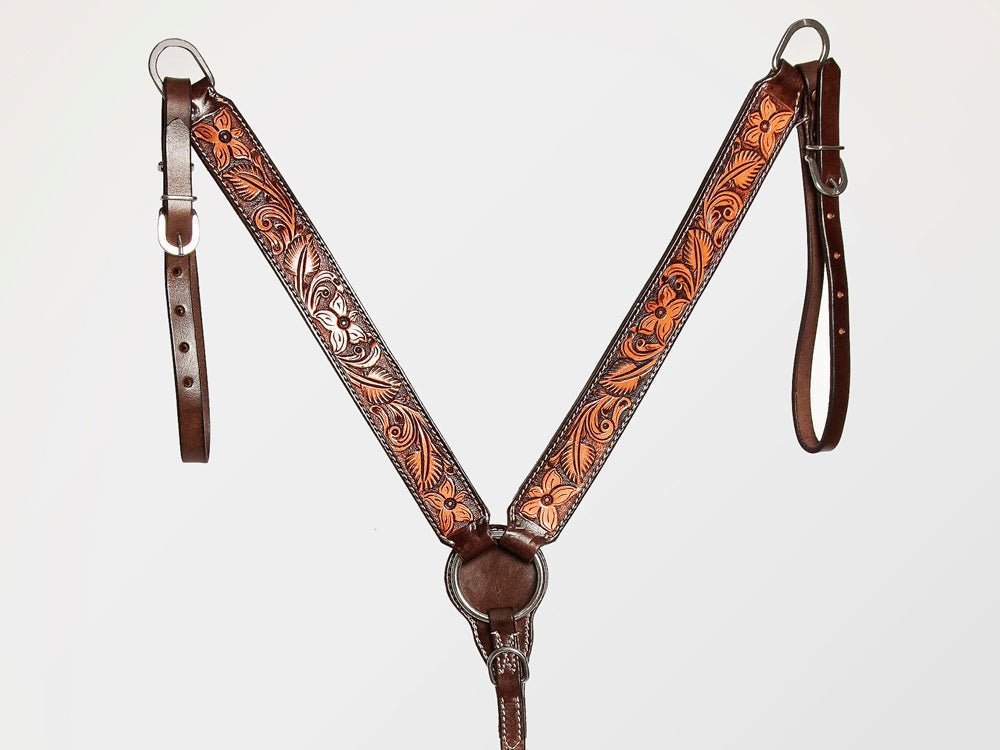 HILASON Western American Leather Horse Headstall & Breast Collar Floral Carved Tack Set Dark Brown