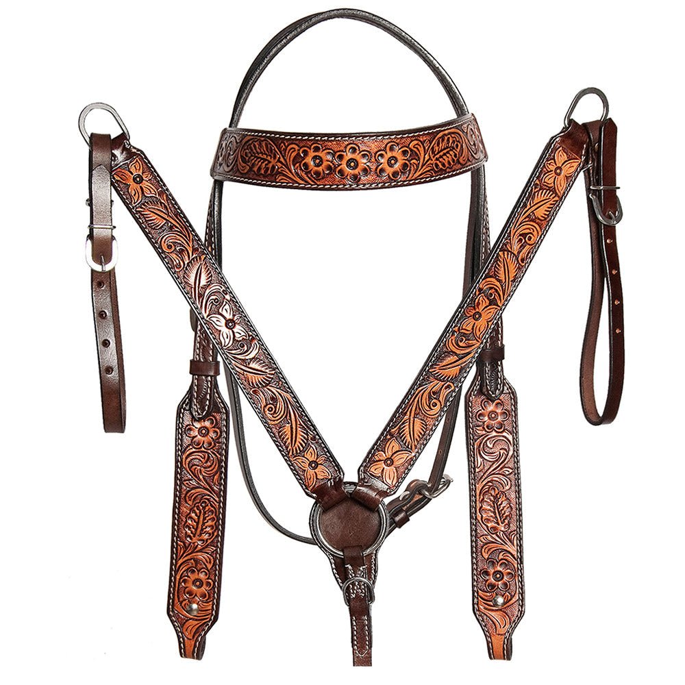 HILASON Western American Leather Horse Headstall & Breast Collar Floral Carved Tack Set Dark Brown