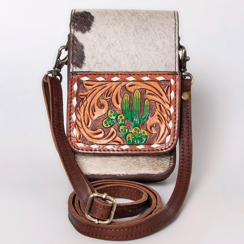 American Darling Cell Phone Holder Hand Tooled Hair-On Genuine Leather Women Bag Western Handbag Purse