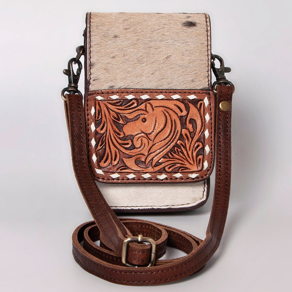 American Darling Cell Phone Holder Hand Tooled Hair-On Genuine Leather Women Bag Western Handbag Purse
