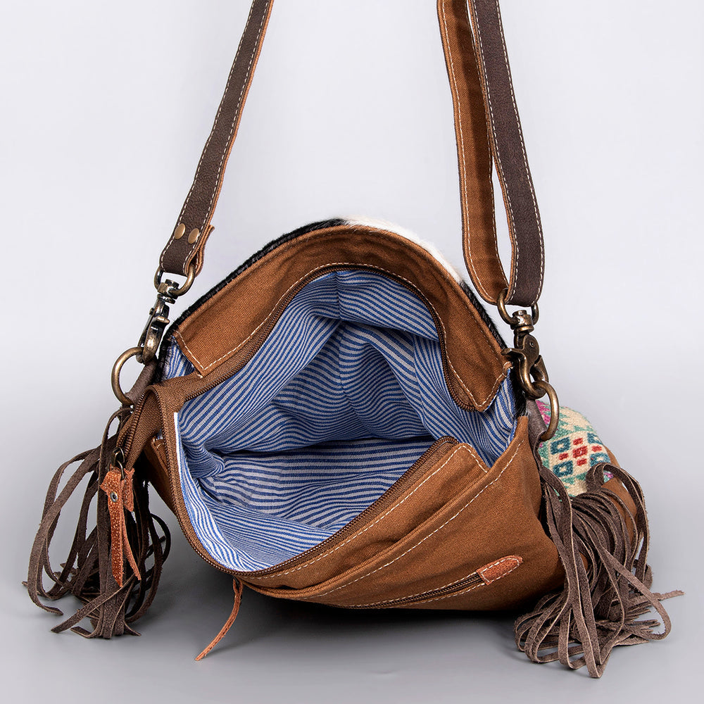 OHLAY KB471 Cross Body Upcycled Wool Upcycled Canvas Embossed Hair-On Genuine Leather women bag western handbag purse