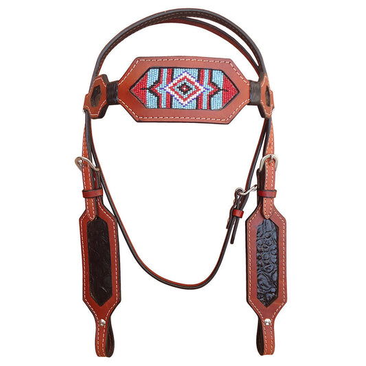 Hilason Western Horse Headstall Bridle American Leather Brown Beaded Crocodile