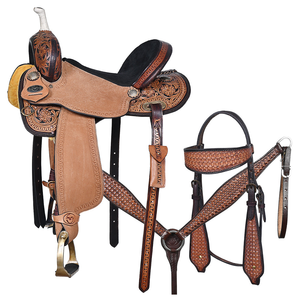 Comfytack Western Horse Barrel Racing Trail Pleasure American Leather Saddle Tack Set With Reins Dark Brown