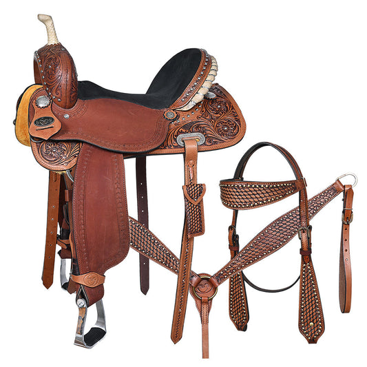 Comfytack Western Horse Barrel Racing Trail Pleasure American Leather Saddle Tack Set With Reins Brown