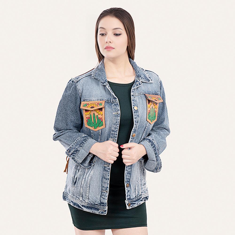 ADJKT007 Genuine leather Hand tooled hand carved Women 100% cotton Denim jacket  dress ladies girl