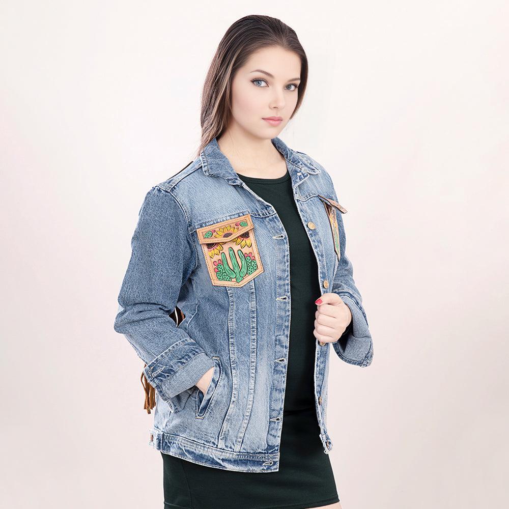 ADJKT007 Genuine leather Hand tooled hand carved Women 100% cotton Denim jacket  dress ladies girl