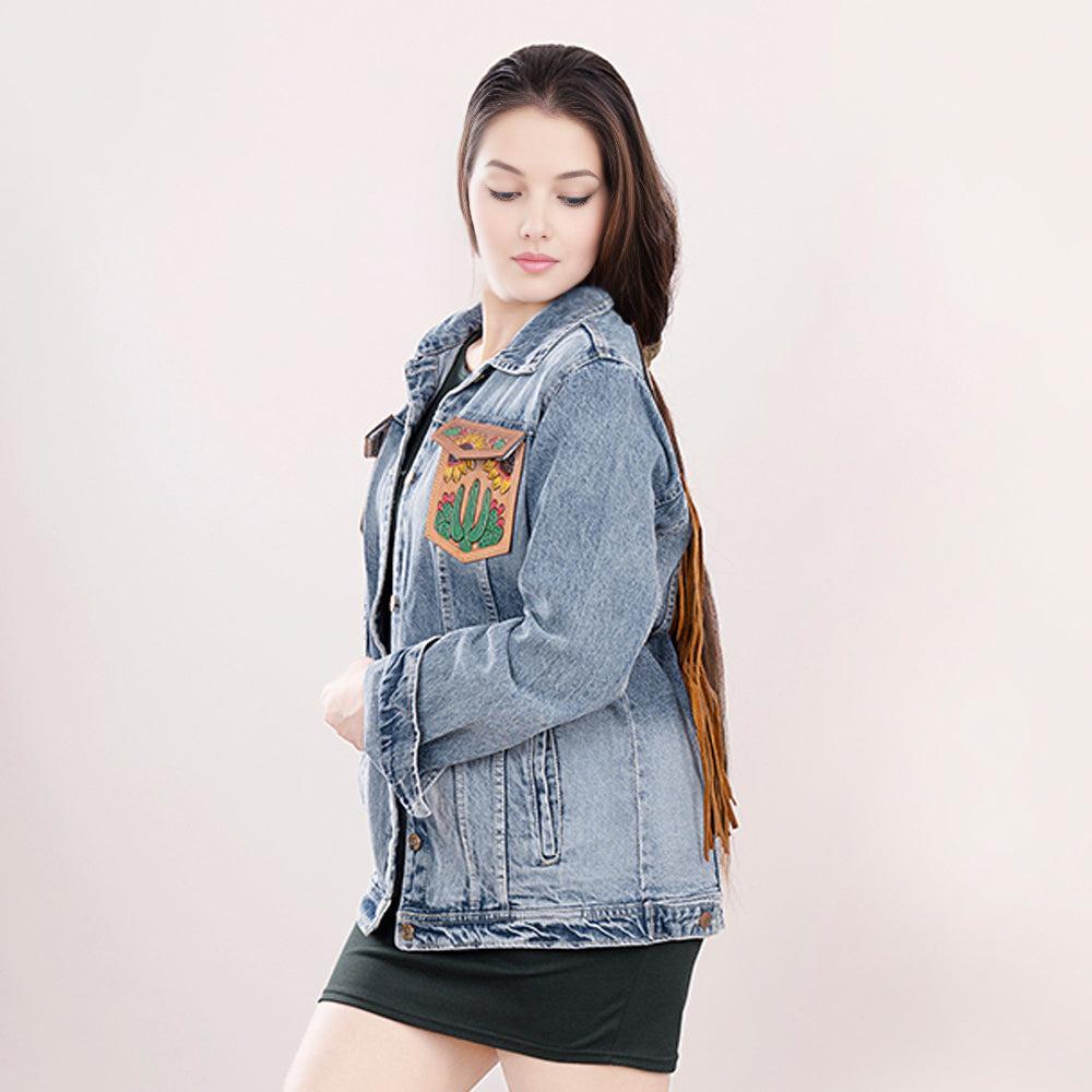 ADJKT007 Genuine leather Hand tooled hand carved Women 100% cotton Denim jacket  dress ladies girl