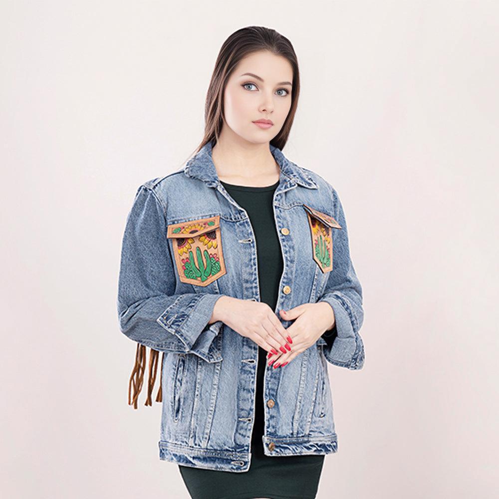 ADJKT007 Genuine leather Hand tooled hand carved Women 100% cotton Denim jacket  dress ladies girl