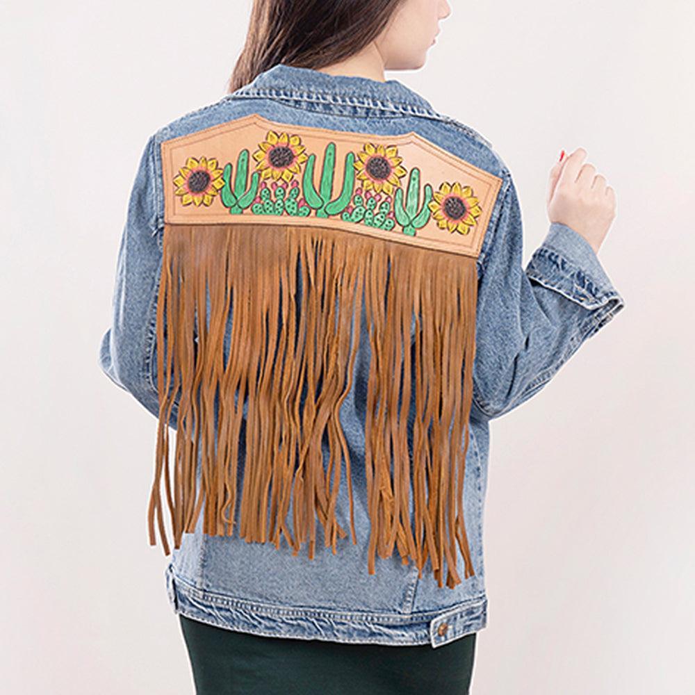 ADJKT007 Genuine leather Hand tooled hand carved Women 100% cotton Denim jacket  dress ladies girl