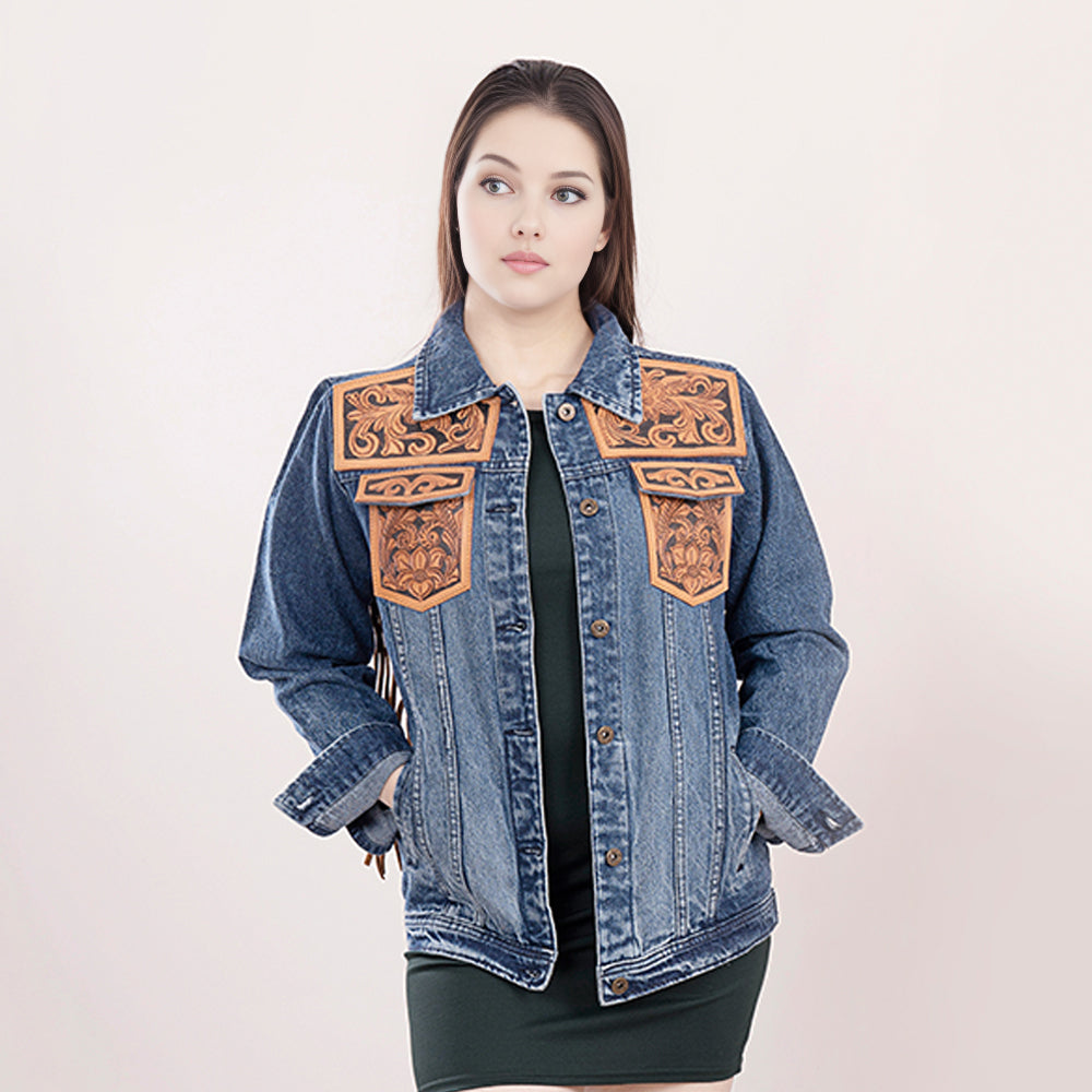 ADJKT008 Genuine leather Hand tooled hand carved Women 100% cotton Denim jacket  dress ladies girl