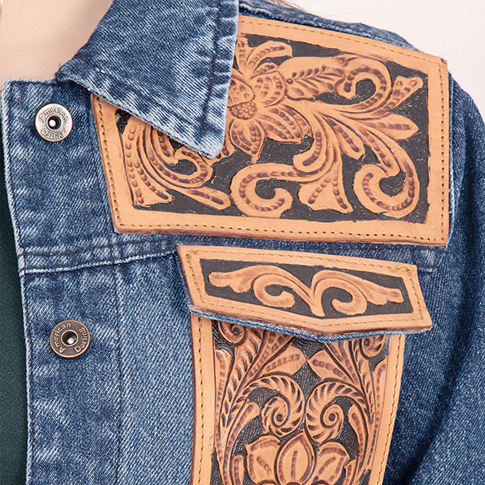 ADJKT008 Genuine leather Hand tooled hand carved Women 100% cotton Denim jacket  dress ladies girl