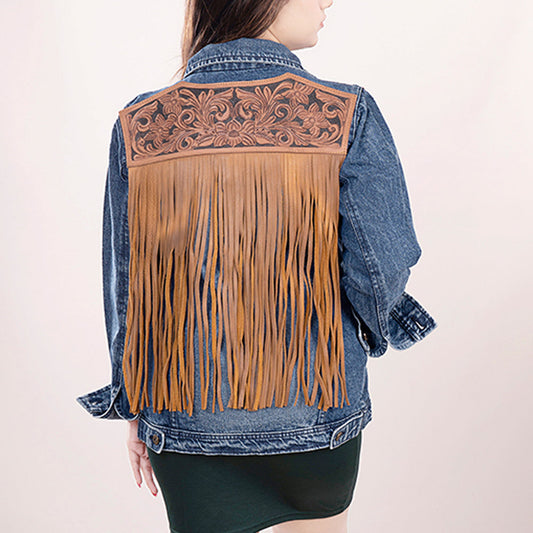 ADJKT008 Genuine leather Hand tooled hand carved Women 100% cotton Denim jacket  dress ladies girl