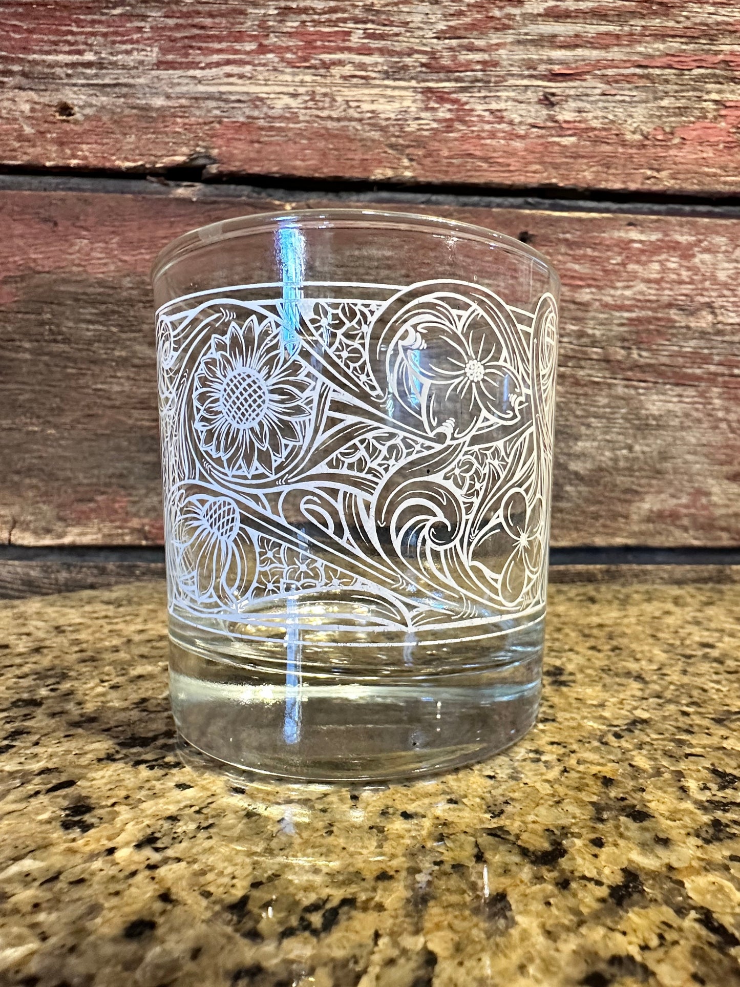 On the Rocks Glass floral tooled design