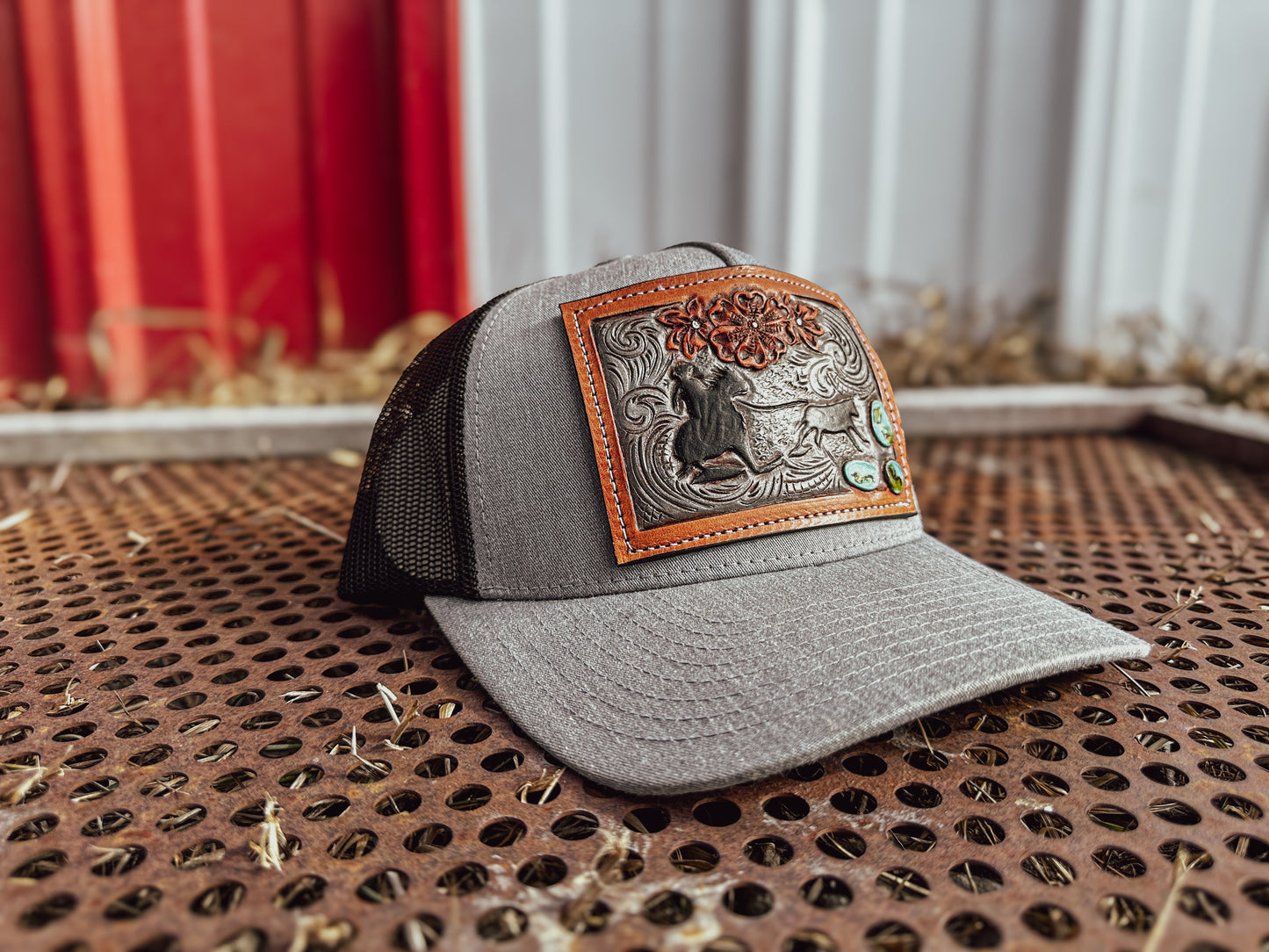 Breakaway Roper Tooled Leather Turquoise Patch Cap